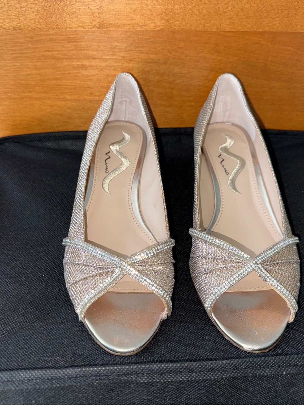 Nina Ricci Champagne Crystal Peep-Toe Heels
